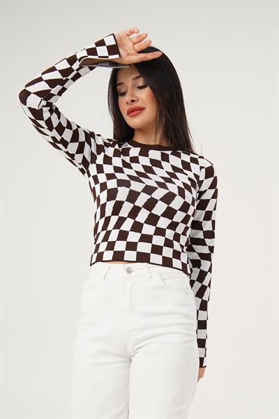 Dama Desenli Renkli Kahve Örme Bluz