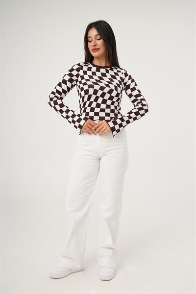 Dama Desenli Renkli Kahve Örme Bluz