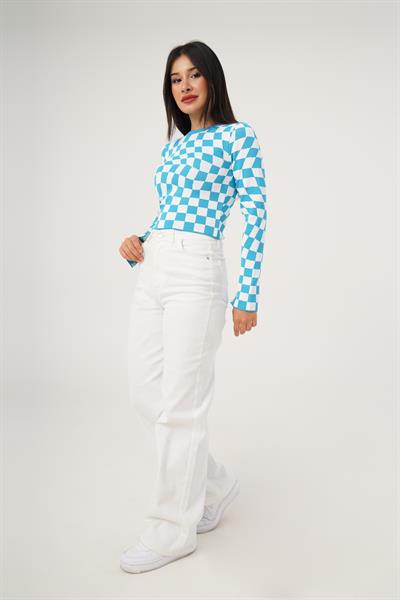 Dama Desenli Renkli Mavi Örme Bluz