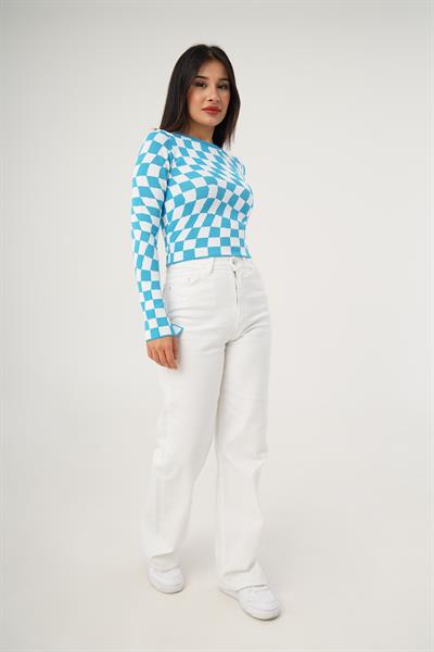 Dama Desenli Renkli Mavi Örme Bluz