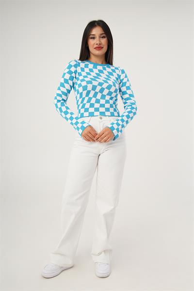 Dama Desenli Renkli Mavi Örme Bluz