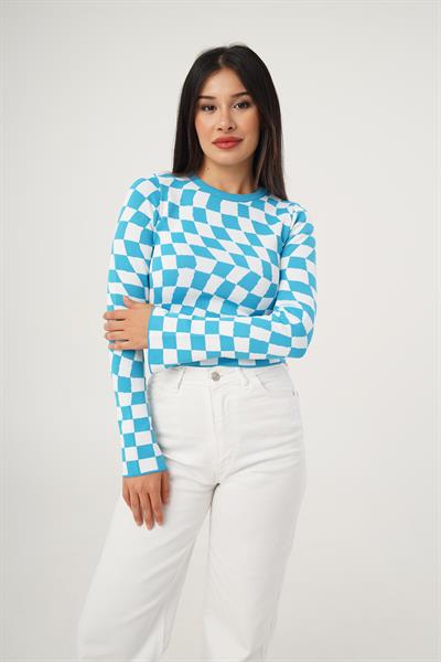 Dama Desenli Renkli Mavi Örme Bluz