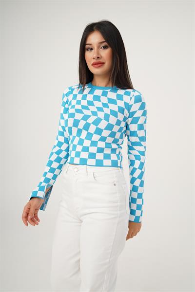 Dama Desenli Renkli Mavi Örme Bluz