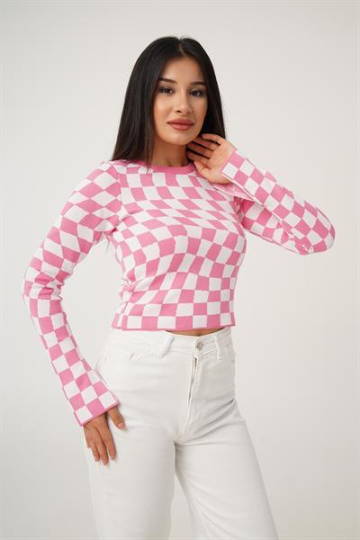 Dama Desenli Renkli Pembe Örme Bluz