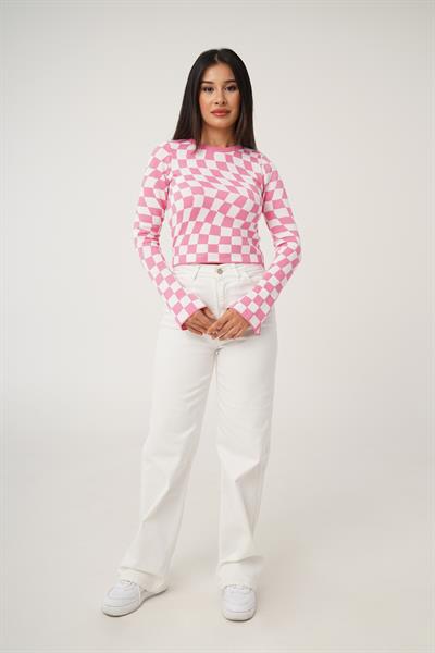 Dama Desenli Renkli Pembe Örme Bluz