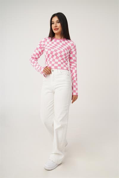 Dama Desenli Renkli Pembe Örme Bluz