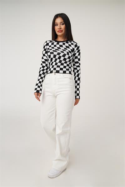 Dama Desenli Renkli Siyah Örme Bluz