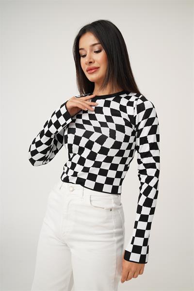 Dama Desenli Renkli Siyah Örme Bluz