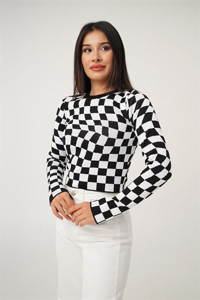 Dama Desenli Renkli Siyah Örme Bluz