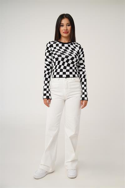 Dama Desenli Renkli Siyah Örme Bluz