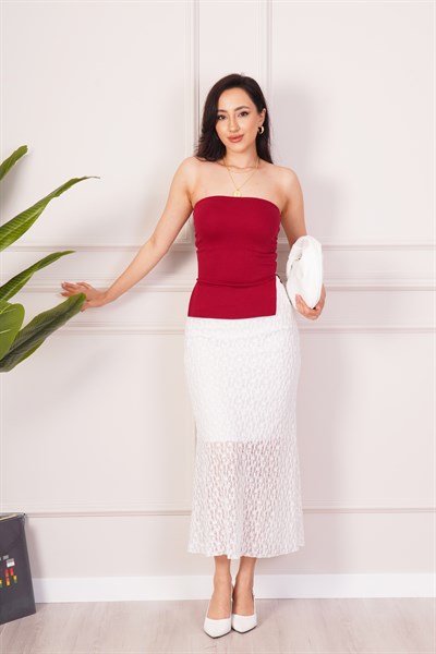 Dantel Detaylı Astarlı Midi Beyaz Etek