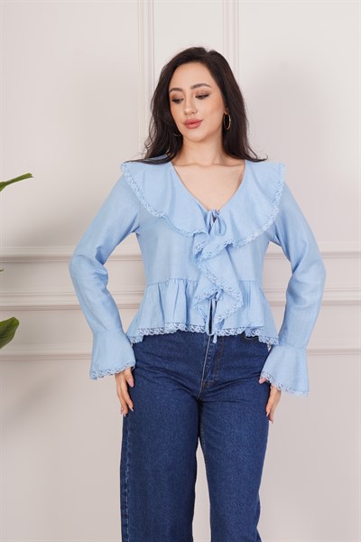 Dantel Detaylı Bağlamalı Volanlı Mavi Bluz