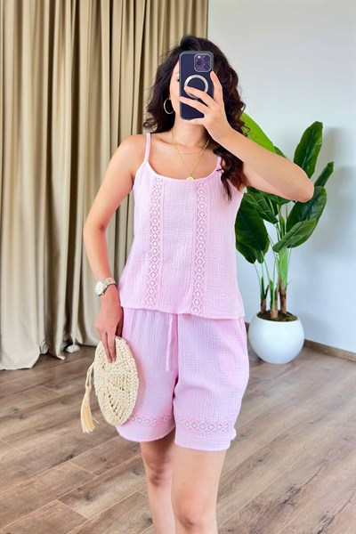 Dantel Güpür Geçili Pembe Müslin Takım