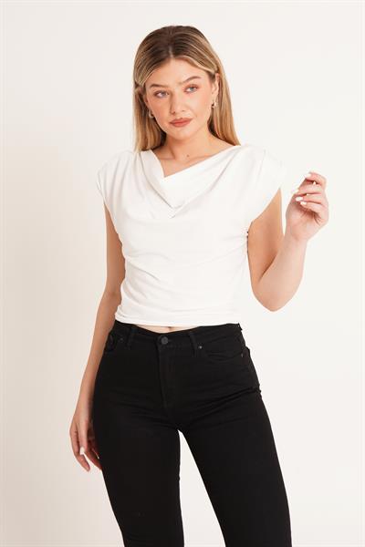 Degaje Yaka Trend Beyaz Bluz
