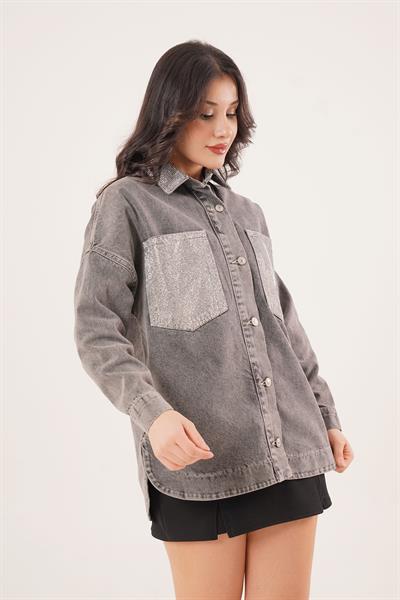 Cepleri ve Yakası Taşlı Antrasit Denim Ceket