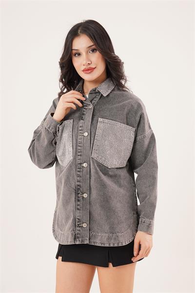 Cepleri ve Yakası Taşlı Antrasit Denim Ceket