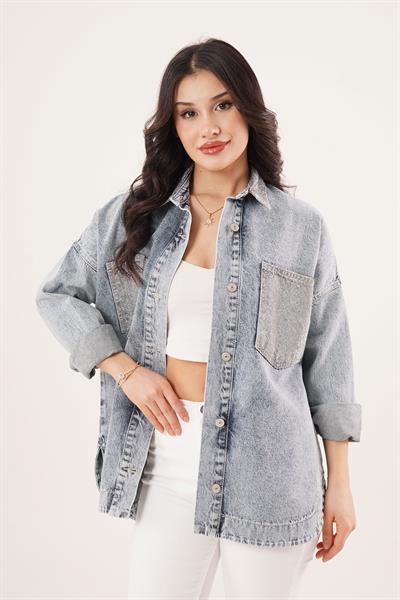 Cepleri ve Yakası Taşlı Mavi Denim Ceket	