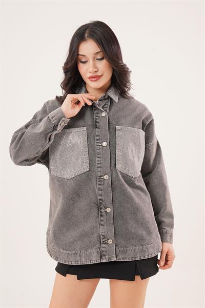 Cepleri ve Yakası Taşlı Antrasit Denim Ceket