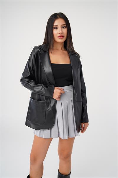 Blazer Mega Cepli Siyah Deri Ceket