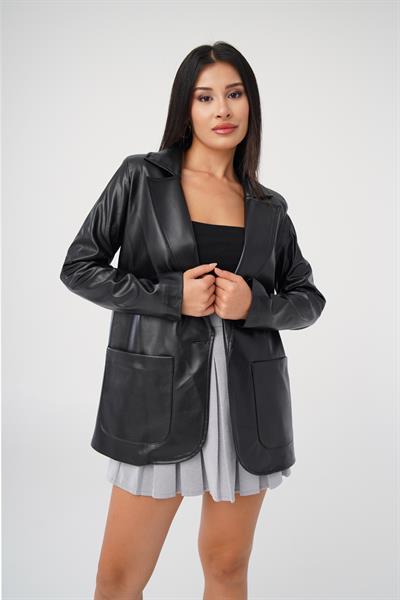 Blazer Mega Cepli Siyah Deri Ceket