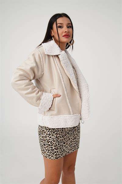 Suni Kürklü Taş Deri Biker Ceket