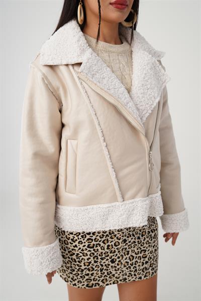 Suni Kürklü Taş Deri Biker Ceket