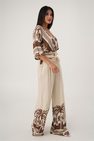 Desenli Bluz Pantolon Taba Takım