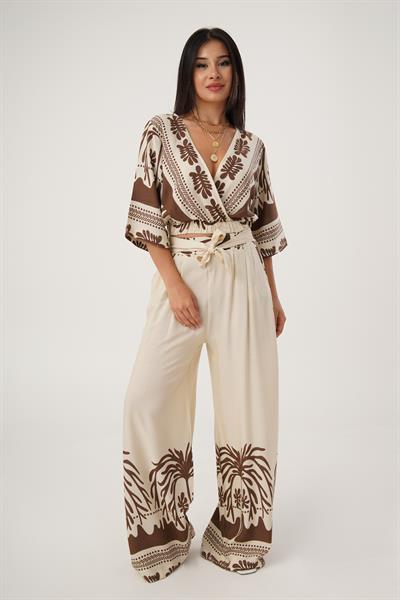 Desenli Bluz Pantolon Taba Takım