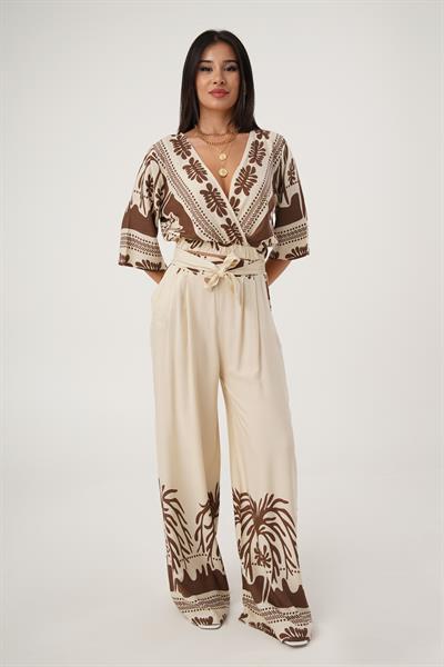 Desenli Bluz Pantolon Taba Takım