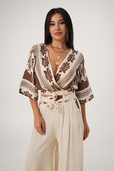 Desenli Bluz Pantolon Taba Takım