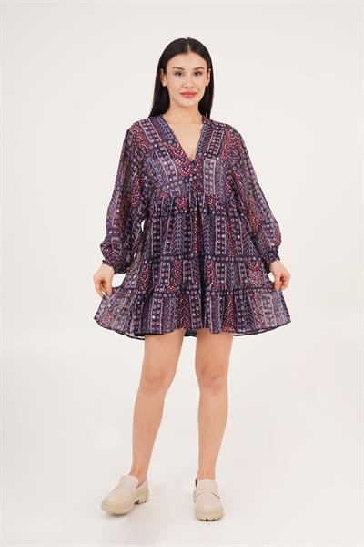 V Yaka Desenli Kol Lastik Detaylı Lacivert Elbise