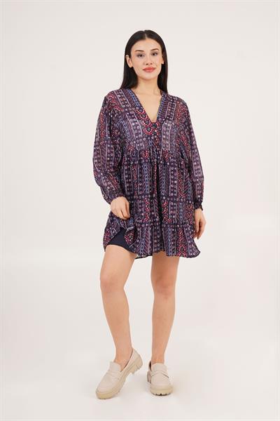 V Yaka Desenli Kol Lastik Detaylı Lacivert Elbise