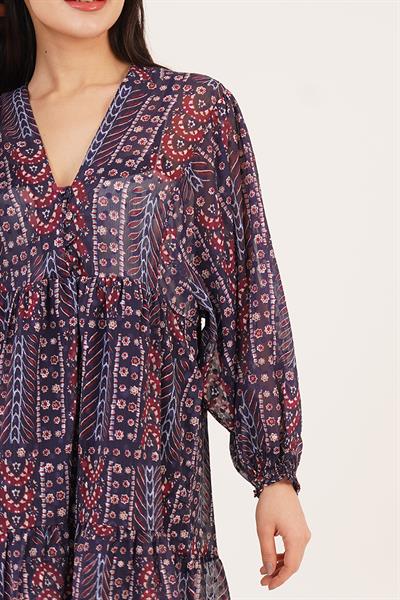 V Yaka Desenli Kol Lastik Detaylı Lacivert Elbise