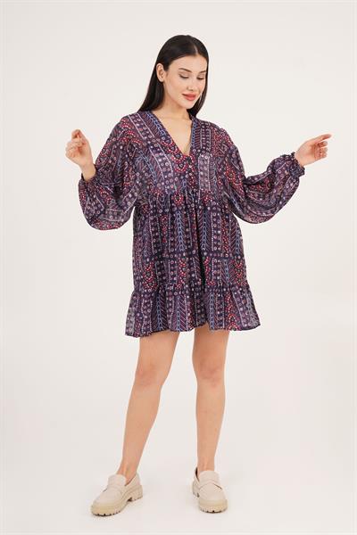 V Yaka Desenli Kol Lastik Detaylı Lacivert Elbise