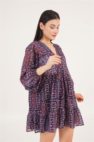 V Yaka Desenli Kol Lastik Detaylı Lacivert Elbise