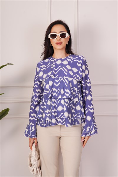 Desenli Kat Kat Volanlı İndigo Bluz