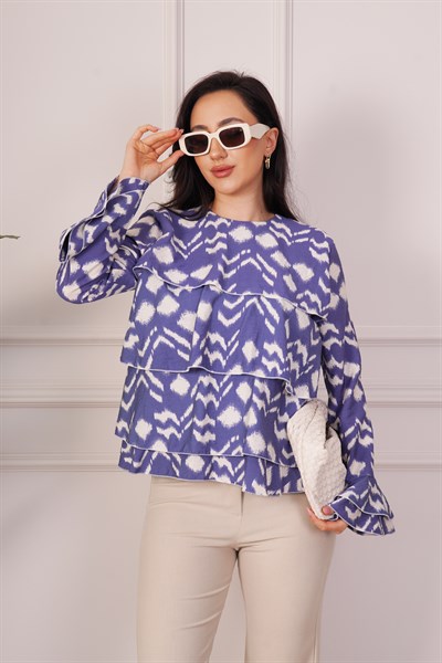 Desenli Kat Kat Volanlı İndigo Bluz