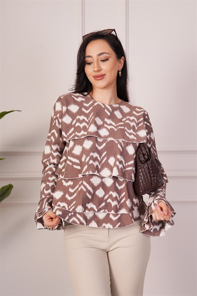 Desenli Kat Kat Volanlı Kahve Bluz