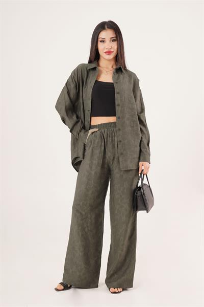 Desenli Gömlek ve Pantolon Haki İkili Takım	