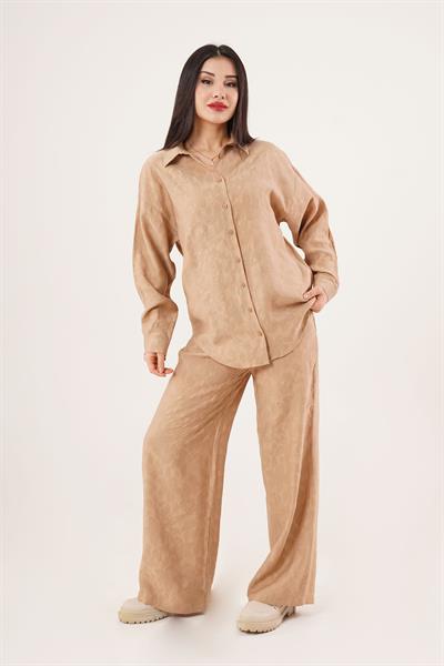 Desenli Gömlek ve Pantolon Camel İkili Takım	