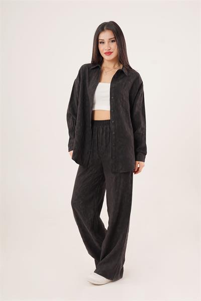 Desenli Gömlek ve Pantolon Siyah İkili Takım	