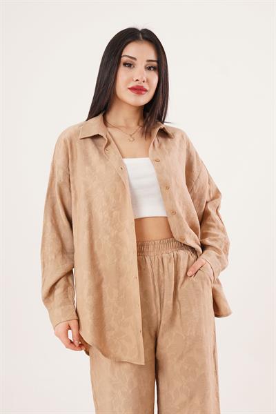 Desenli Gömlek ve Pantolon Camel İkili Takım	