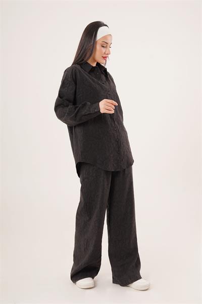 Kendinden Desenli Gömlek ve Pantolon Siyah İkili Takım