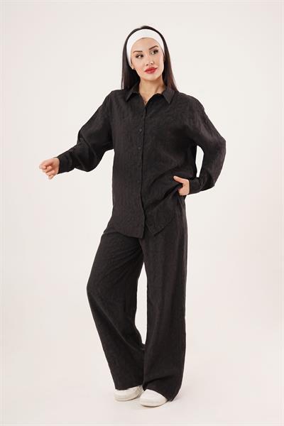 Kendinden Desenli Gömlek ve Pantolon Siyah İkili Takım