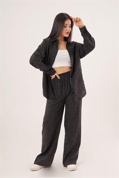 Desenli Gömlek ve Pantolon Siyah İkili Takım	