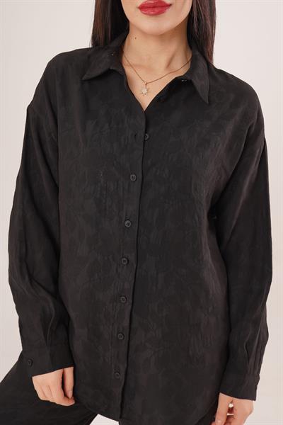 Desenli Gömlek ve Pantolon Siyah İkili Takım	