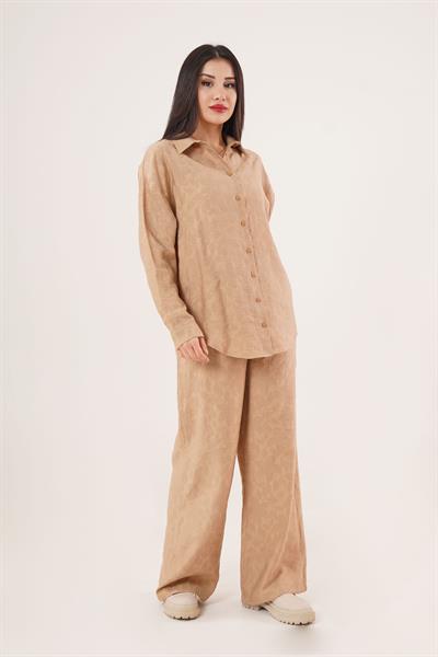 Desenli Gömlek ve Pantolon Camel İkili Takım	