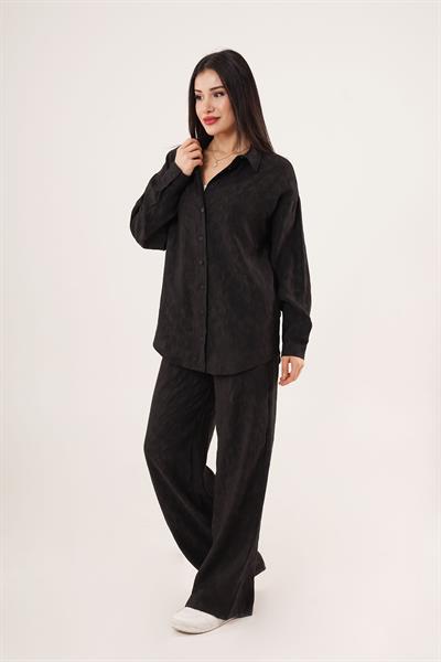 Desenli Gömlek ve Pantolon Siyah İkili Takım	