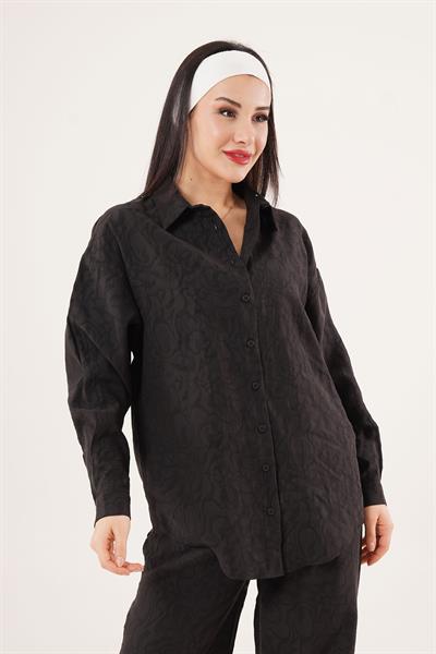 Kendinden Desenli Gömlek ve Pantolon Siyah İkili Takım