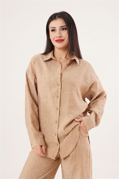 Kendinden Desenli Gömlek ve Pantolon Camel İkili Takım